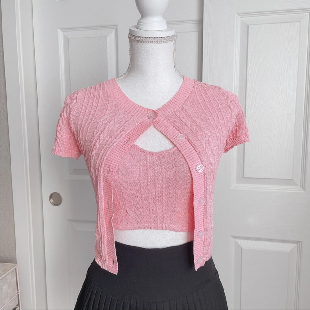 J.ing pink knit crop top with matching cardigan